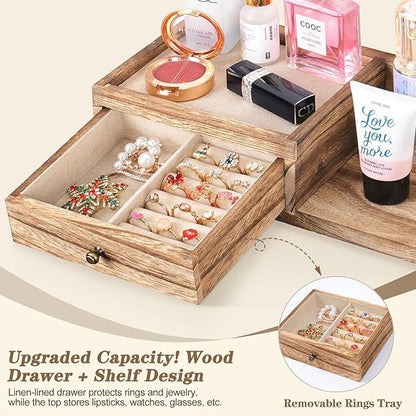 VINAEMO Jewelry Organizer Hanging Wall Mounted Jewelry Holder with Rustic Wood Drawer & Large Capacity Storage Shelf Rack Display for Earrings Rings Necklaces Bracelet