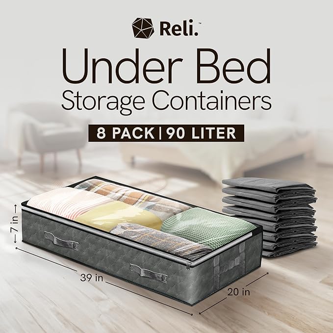Reli. 90L Under Bed Storage Containers (8 Pack) | Closet Organizer with Clear Window | Underbed Storage Bins for Towels, Sweaters, Linens | Large Organizer for Closet (Gray)