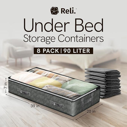 Reli. 90L Under Bed Storage Containers (8 Pack) | Closet Organizer with Clear Window | Underbed Storage Bins for Towels, Sweaters, Linens | Large Organizer for Closet (Gray)