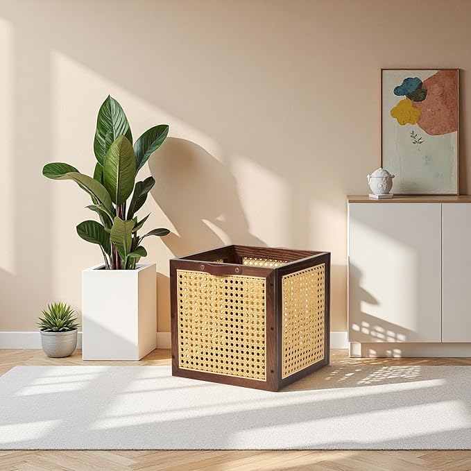 Rattan Storage Cubes Wooden Storage Baskets Boxes Decorative Natural Handmade Bohemian Solid Wood Woven Wicker Cane Bin Closet Shelf Clothes Organizer Books Magazine Holder (Walnut)