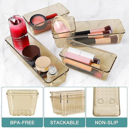 StorMiracle 16 PCS Drawer Organizer Set, 5 Varied Size Bathroom and kitchen Drawer cabinet organizer Trays, Clear Storage Bins for Makeup, Jewelry, Utensils and Gadgets, Champagne