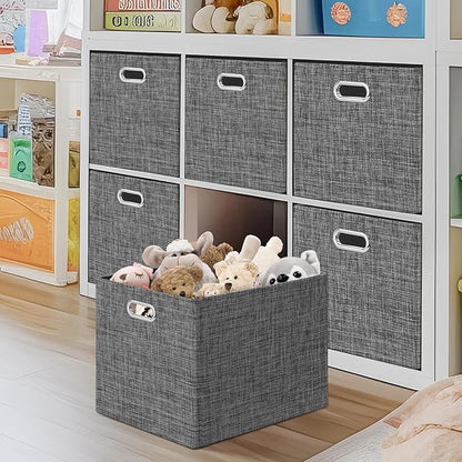 Posprica 15.12"x12.13"x12.01" Storage Cube Bins, Linen Decorative Closet Storage Organizer for IKEA Kallax, 4 Pack Fabric Foldable Large Storage Baskets for Closet, Shelves, Clothes, Toy (Black)