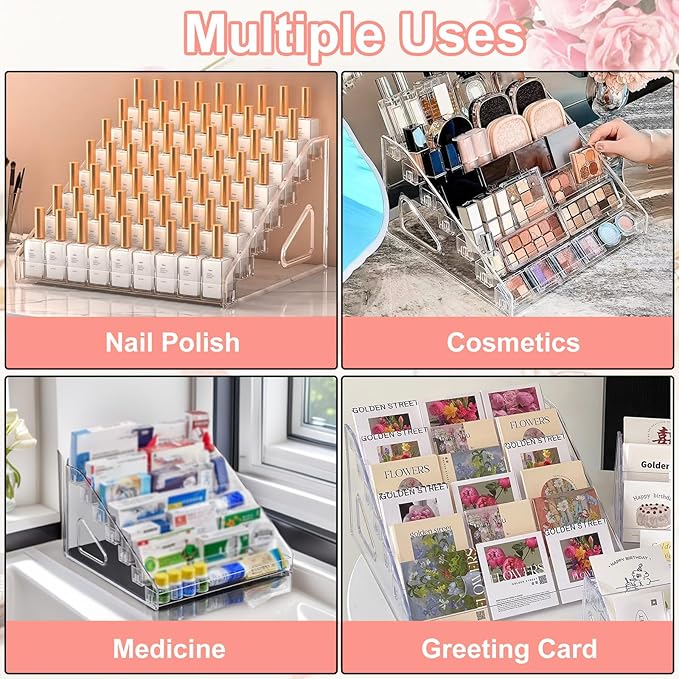 2 Pack Nail Polish Organizer Holder Rack 7 Layers Clear Acrylic Display Rack for Nail Polish Holder Stand Cosmetics Sunglasses Display Essential Oil Storage Organizer