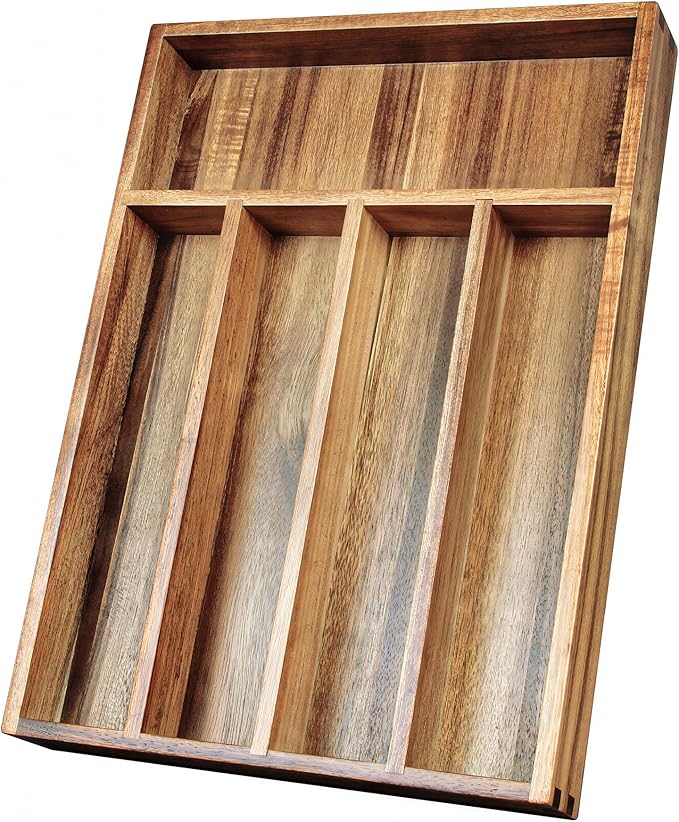 KITEISCAT Acacia Wood Silverware Organizer, Kitchen Utensil Drawer Organizer for Forks, Knives & Spoons, 5-Compartment Cutlery Tray, Flatware Holder