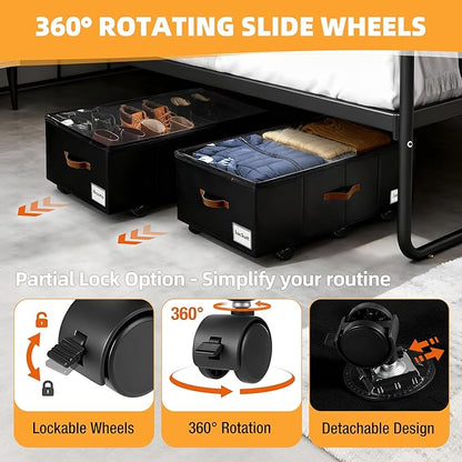 Under Bed Storage with Wheels,Underbed Storage with Sturdy Sidewalls/Bottom, Clear Cover, Label and PU Handle, Rolling Under Bed Drawers for Clothes, Shoes, 11 Inch Height,Black, 2 Pack