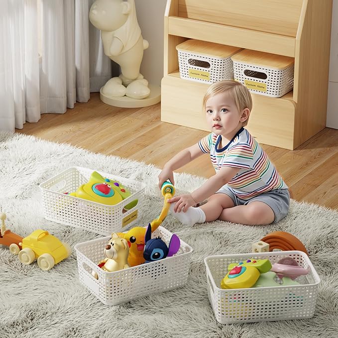 8 Pcs Plastic Storage Bins with Bamboo Lids and Labels 5.29qt Stackable Box Basket Pantry Decorative Containers, Small Storage Baskets for Desktop Shelves Drawers Closets Office Cabinets 10*7.2*4.1"