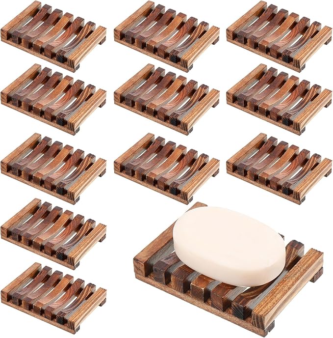 Skylety 12 Pieces Wooden Shower Soap Dish Bulk Soap Holder Savers Draining Tray Case Stand for Bathroom Kitchen Travel Sponge Shampoo Sink, 4.5 x 3.1 x 0.9 Inches (Brown Color)