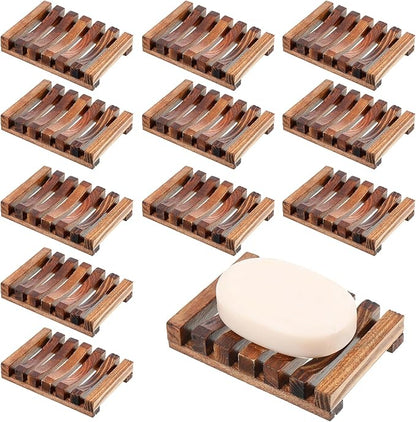 Skylety 12 Pieces Wooden Shower Soap Dish Bulk Soap Holder Savers Draining Tray Case Stand for Bathroom Kitchen Travel Sponge Shampoo Sink, 4.5 x 3.1 x 0.9 Inches (Brown Color)