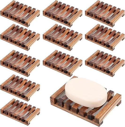 Skylety 12 Pieces Wooden Shower Soap Dish Bulk Soap Holder Savers Draining Tray Case Stand for Bathroom Kitchen Travel Sponge Shampoo Sink, 4.5 x 3.1 x 0.9 Inches (Brown Color)