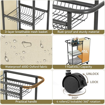 Rolling Laundry Basket with 3 Storage Baskets and 45 L Bag, Heavy Duty Laundry Cart with Wheels and Handle, Space Saving Laundry Room Organization for Bathroom Living Room Apartment Dorm
