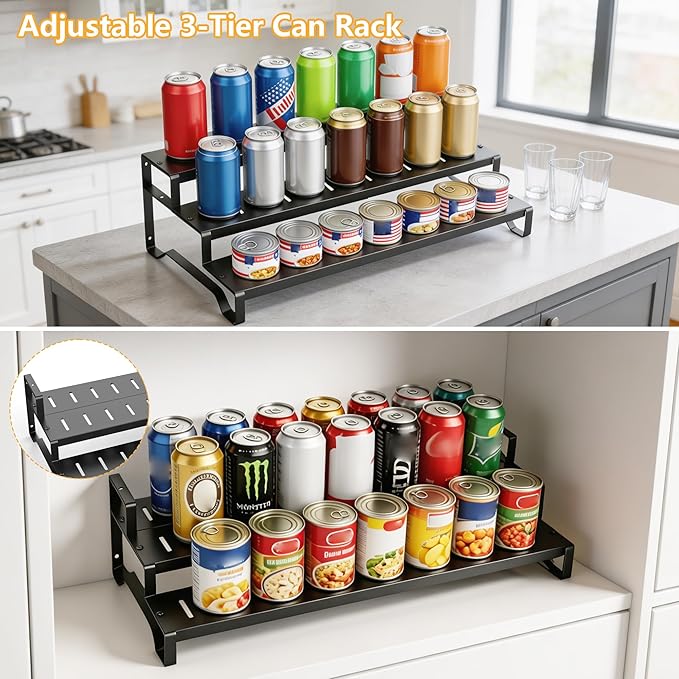 3 Tier Expandable Can Rack Organizer for Pantry, Adjustable 13"-21" Metal Soda Can Organizer, Pantry Organization Canned Food Storage Holder for Kitchen Cabinet Countertop, Black 1Pack
