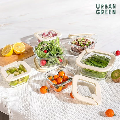 Urban Green Glass Food Storage Containers with Glass Lids, Microwave Safe Food Container Set, Airtight Meal Prep Containers, LeakProof, 100% Plastic Free, 6 Pack