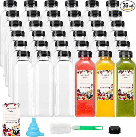 SUPERLELE 36pcs 12oz Plastic Juice Bottles with Caps, Reusable Juicing Bottles, Clear Drink Containers with Lids for Drinking, Smoothie and Other Beverages