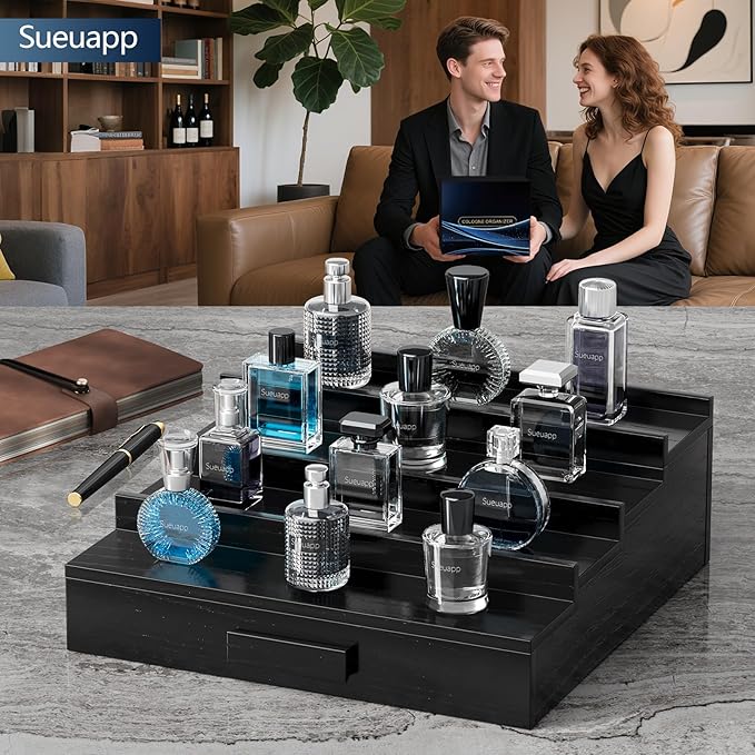 Walnut Wood Cologne Organizer for Men,4 Tier Cologne Stand,Perfume Stand Organizer,Cologne Shelf Display Holder with Hidden Storage and Drawer,Great Gift for Men,Black