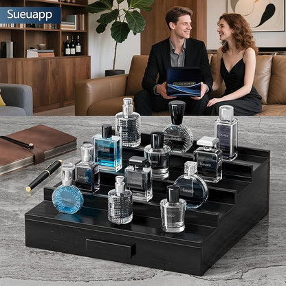 Walnut Wood Cologne Organizer for Men,4 Tier Cologne Stand,Perfume Stand Organizer,Cologne Shelf Display Holder with Hidden Storage and Drawer,Great Gift for Men,Black