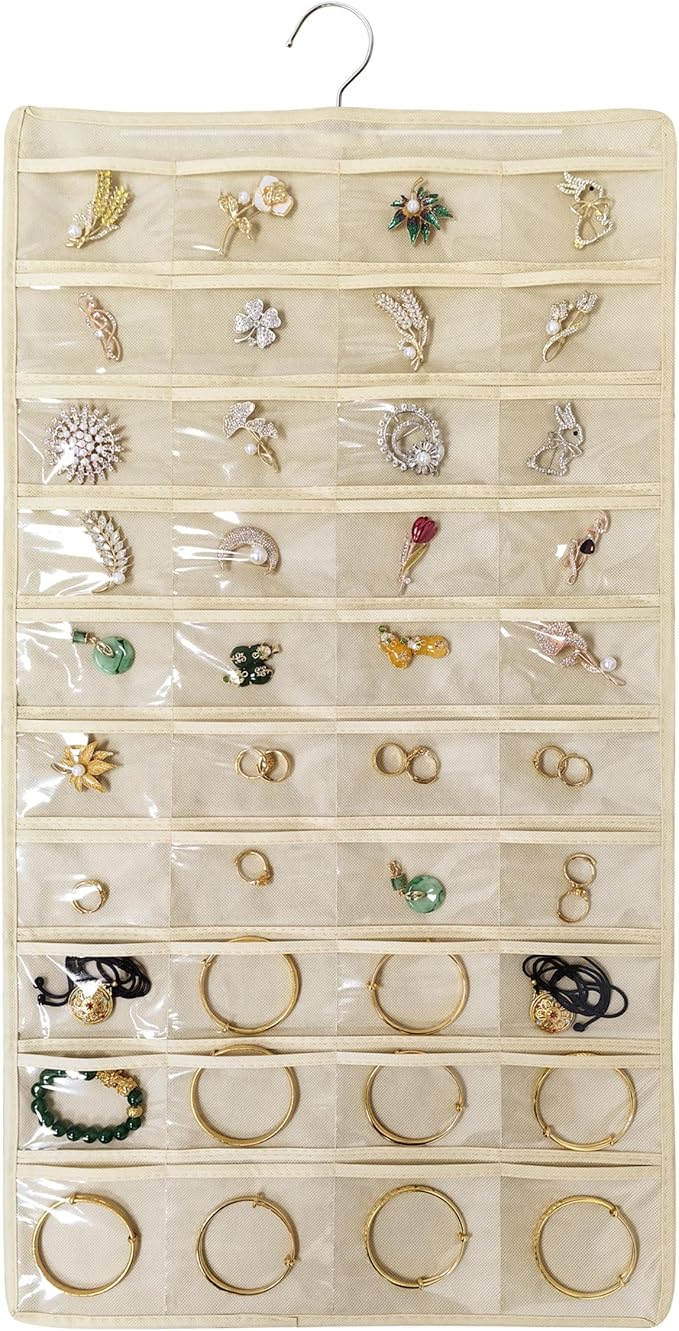 80 Pocket Hanging Jewelry Organizer with Hanger Metal Hooks Storage On Wall Door Closet Double-Sided(Each Side 40 Pockets) Jewelry Holder for Earrings, Necklaces, Rings (Beige)