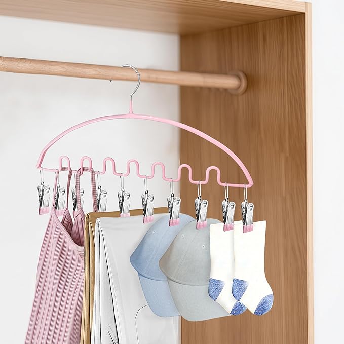 Legging Organizer for Closet,Metal Wave Design Pants Hanger with 10 Clips 7 Hooks, Closet Storage for Pants, Skirts, Hats (Pink, 1Pack)