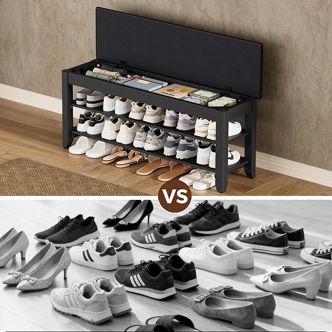 Homleke Shoe Rack Bench with Flip-Top Storage, Solid Wood Entryway Bench with Cushion, Adjustable Shelf, for Hallway, Mudroom, Closet – Black, 39.4"