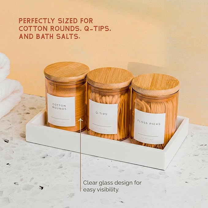 Vase and Vessel Mini Glass Apothecary Jars with Bamboo Lids, Small Bathroom and Kitchen Storage Containers, For Cotton Balls, Pads and Swabs, 10 oz, Set of 3 (Amber)