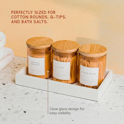 Vase and Vessel Mini Glass Apothecary Jars with Bamboo Lids, Small Bathroom and Kitchen Storage Containers, For Cotton Balls, Pads and Swabs, 10 oz, Set of 3 (Amber)