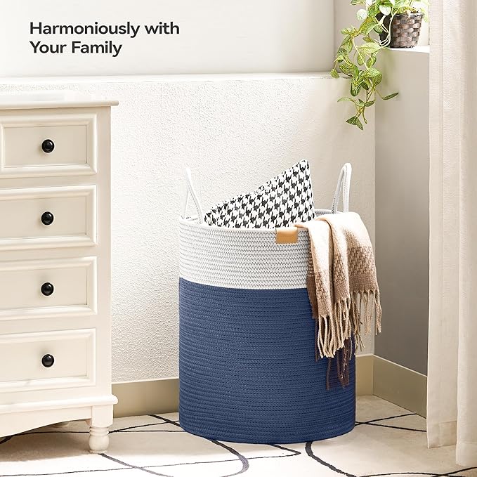 Nunsino Laundry Hamper 62L,Large Laundry Basket for Clothes,Decorative Storage Basket for Blankets,Cotton Rope Woven basket for bedroom,Navy Blue