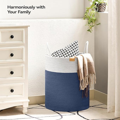 Nunsino Laundry Hamper 62L,Large Laundry Basket for Clothes,Decorative Storage Basket for Blankets,Cotton Rope Woven basket for bedroom,Navy Blue