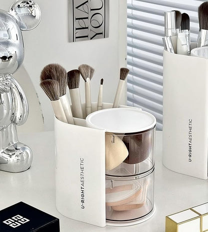 Azurphoric Hair Accessories Organizer with Hair Brush Holder, Rotatable Makeup Brush Holder for Necklaces, Earring, Bracelet, Ring, Makeup Brushes, Hair Clip and Hair Accessories (White, 2-Layer)