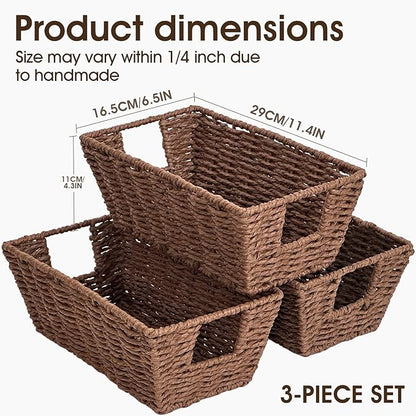Paper Rope Storage Baskets for Shelves Organizing, Small Hand Woven Wicker Organizer Basket with Handle for Bathroom Toilet Paper Storage, Brown, 3-Pack