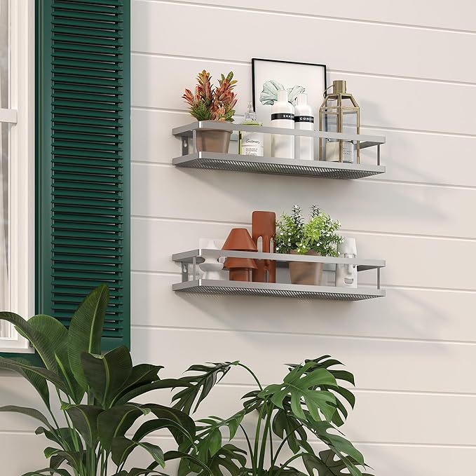 PUSDON 2-Pack 16.5" Extra Long Slim Shower Caddy, Adhesive Wall Mount Bathroom Organizer, Rustproof Open Frame Mesh Spice Rack for Kitchen, Holds 50LBS - Silver Gray, Guardrail