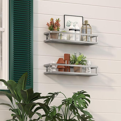PUSDON 2-Pack 16.5" Extra Long Slim Shower Caddy, Adhesive Wall Mount Bathroom Organizer, Rustproof Open Frame Mesh Spice Rack for Kitchen, Holds 50LBS - Silver Gray, Guardrail