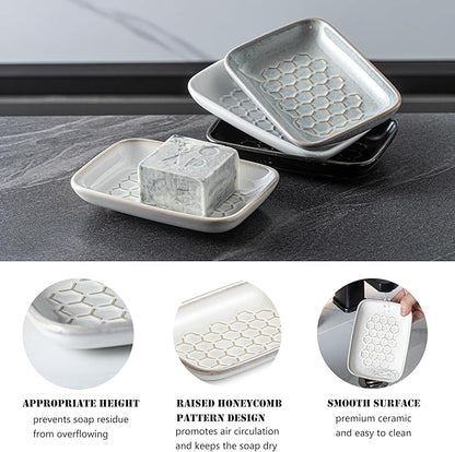 Gomakren Soap Dish for Shower, Ceramic Bar Soap Holder with Honeycomb Design, Soap Saver Tray for Bathroom Kitchen Sink, Sponge & Organizer Tray, Upscale Look, 5.5 Inch, Beige
