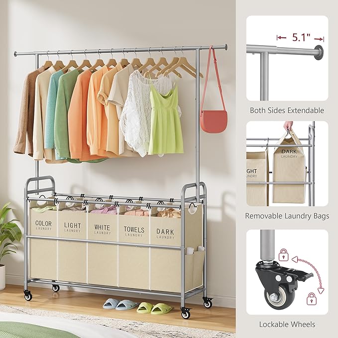 Tajsoon Laundry Sorter with Hanging Bar, 5 Bag Laundry Sorter with Wheels, 246L (65 Gal.) Laundry Hamper with Adjustable Hanging Rack, Laundry Room Organization and Storage, Beige