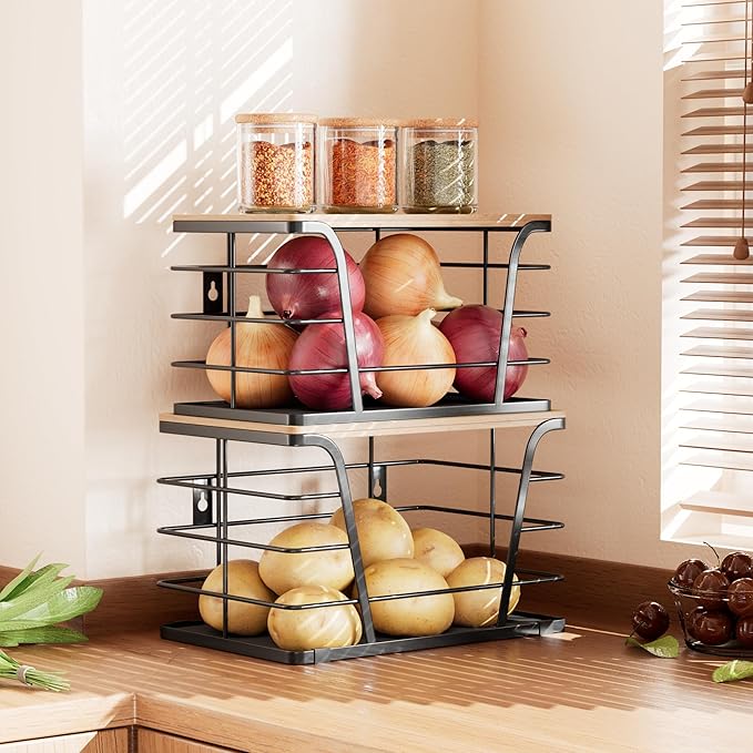 2 Pack Potato and Onion Storage Bins, Stackable Kitchen and Pantry Organizer with Bamboo Top & Lightweight PP Mat, for Vegetables, Fruit, Onion, Potato, Garlic - Pantry, Kitchen Storage Bins (Black)