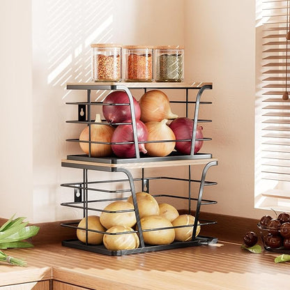 2 Pack Potato and Onion Storage Bins, Stackable Kitchen and Pantry Organizer with Bamboo Top & Lightweight PP Mat, for Vegetables, Fruit, Onion, Potato, Garlic - Pantry, Kitchen Storage Bins (Black)
