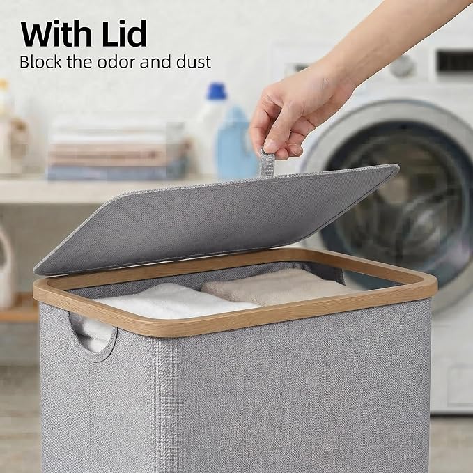 efluky Laundry Basket with Lid and Removable Bag, 100L Tall Laundry Hamper with Bamboo Handles, Aesthetic Dirty Clothes Bin for Laundry Room, Bathroom, Bedroom and Dorm, Silver Grey