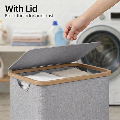 efluky Laundry Basket with Lid and Removable Bag, 100L Tall Laundry Hamper with Bamboo Handles, Aesthetic Dirty Clothes Bin for Laundry Room, Bathroom, Bedroom and Dorm, Silver Grey