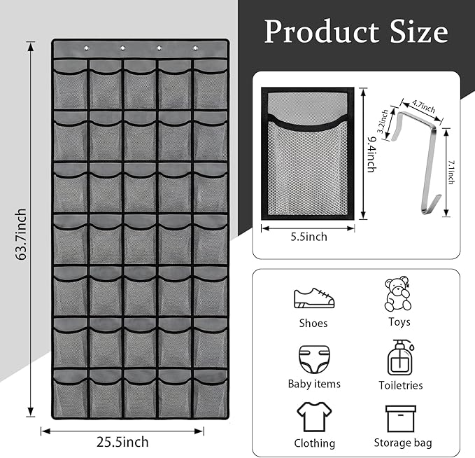 Over the Door Shoe Organizer, 35 Large Breathable Mesh Pockets, Space Saving Hanging Storage, Holds Up to 40 lbs, Hangs on Closets for Shoes, Accessories, Gray