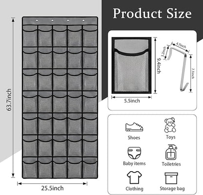 Over the Door Shoe Organizer, 35 Large Breathable Mesh Pockets, Space Saving Hanging Storage, Holds Up to 40 lbs, Hangs on Closets for Shoes, Accessories, Gray