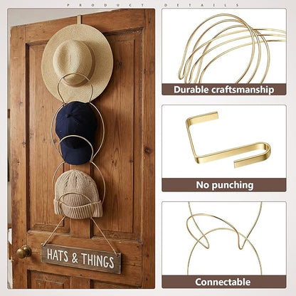 Yerliker 16 Pieces Hat Rack Wig Holder over The Door Baseball Hat Holder Wall Mounted Hanging Wig Organizer for Closet Display Storage Rack with 2 Hooks for Tie Scarf(Gold)