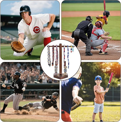 Baseball Necklace and Ring Display Holder, Wooden Sports Jewelry Organizer for Baseball or Softball Drip Pendants & Championship Rings, with 2 Gold Stickers for Custom Text