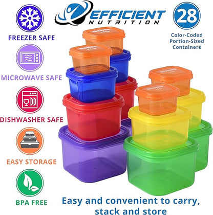 Efficient Nutrition Portion Control Containers DELUXE Kit (28-Piece) with COMPLETE GUIDE + 21 DAY PLANNER + RECIPE eBOOK BPA FREE Color Coded Meal Prep System for Diet and Weight Loss