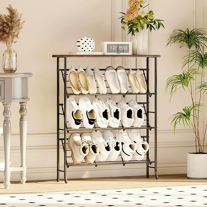 JZM Shoe Rack Storage, Narrow 4 Tier Metal Shoe Storage Shelf, Free Standing Shoe Racks, Space Saving Shoe Rack Organizer for Entryway, Hallway, Bedroom, Living Room(12-16 Pair)