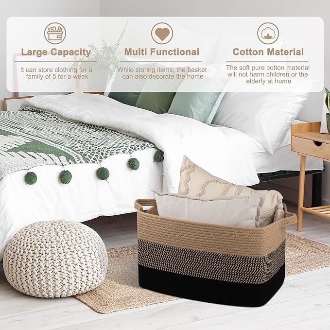 OIAHOMY Large Blanket Basket, 65L Cotton Rope Woven Laundry Basket, Toy Bin for Baby Room, Container for Blanket Storage in Living Room, 20''×16''×12'', Brown & Black