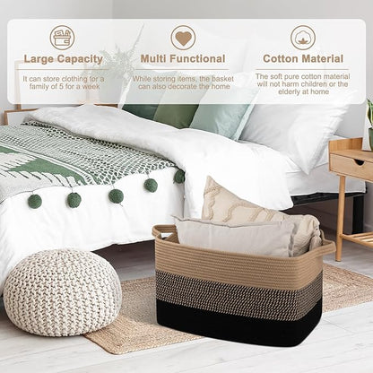 OIAHOMY Large Blanket Basket, 65L Cotton Rope Woven Laundry Basket, Toy Bin for Baby Room, Container for Blanket Storage in Living Room, 20''×16''×12'', Brown & Black