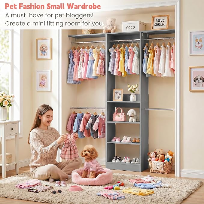iSunirm 48" Small Closet System, Space-Saving Wall-Mounted Wardrobe Organizer, Mini Garment Rack for Narrow Spaces, Morning Outfit Prep Station & Nursery Dress-up Storage,Grey