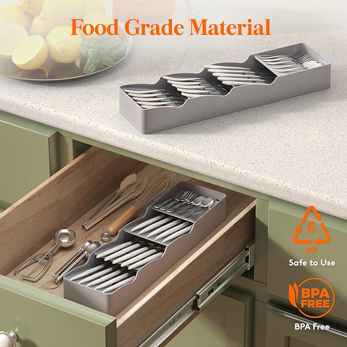 Lifewit Small Flatware Drawer Organizer, Compact Narrow Silverware Tray for Kitchen Drawers, Plastic Cutlery Holder for Spoons, Forks, Knives – Fits Small & Slim Kitchen Drawers, Gray