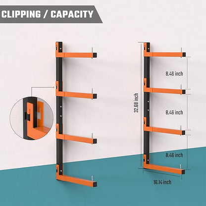 Lumber Storage Rack, Snap-Fit Connection Lumber Rack Wall Mount, Heavy Duty Metal 8 Level-32 Inch Wood Storage Rack