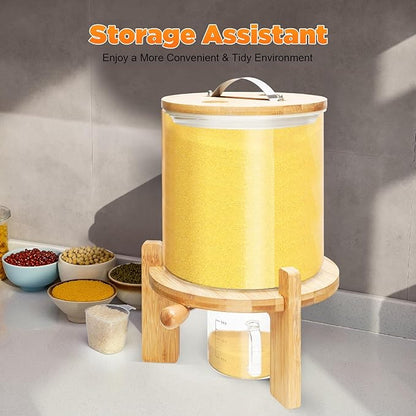 Glass Rice Dispenser with Airtight Lid, Bamboo Stand for Kitchen Pantry Organization (5L/1.38Gal)