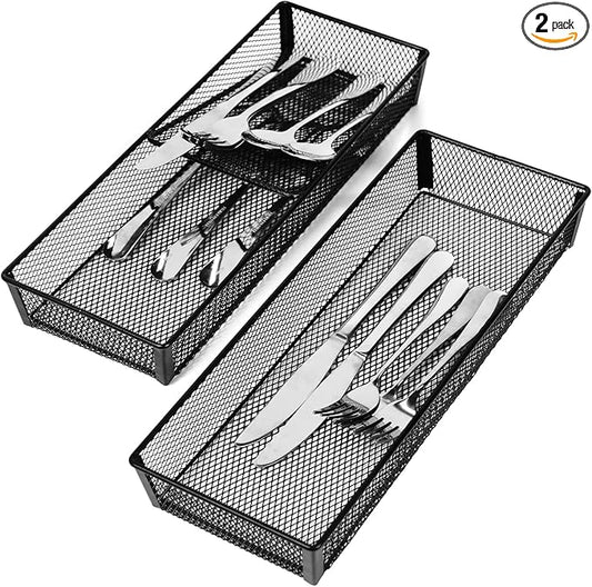 DOSTATNI 2 Pcs Mesh Silverware Drawer Organizer Cutlery Drawer Organizer Utensil Tray Organizer Silverware Holder for Flatware Knives Spoons Storage(14.1X5.3x2inch)