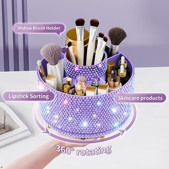 fanado Bling 360° Rotate Makeup Brush Holder Organizer, Makeup Organizers Countertop, Makeup organization and Skincare Storage for Vanity, Gift for Women Girls (Bling dz-Purple)
